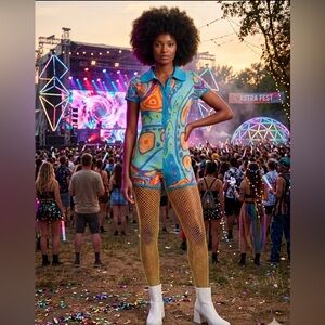 POSTER GIRL Multicolor Abstract Print Sweater knit Romper Shorts Festival Small